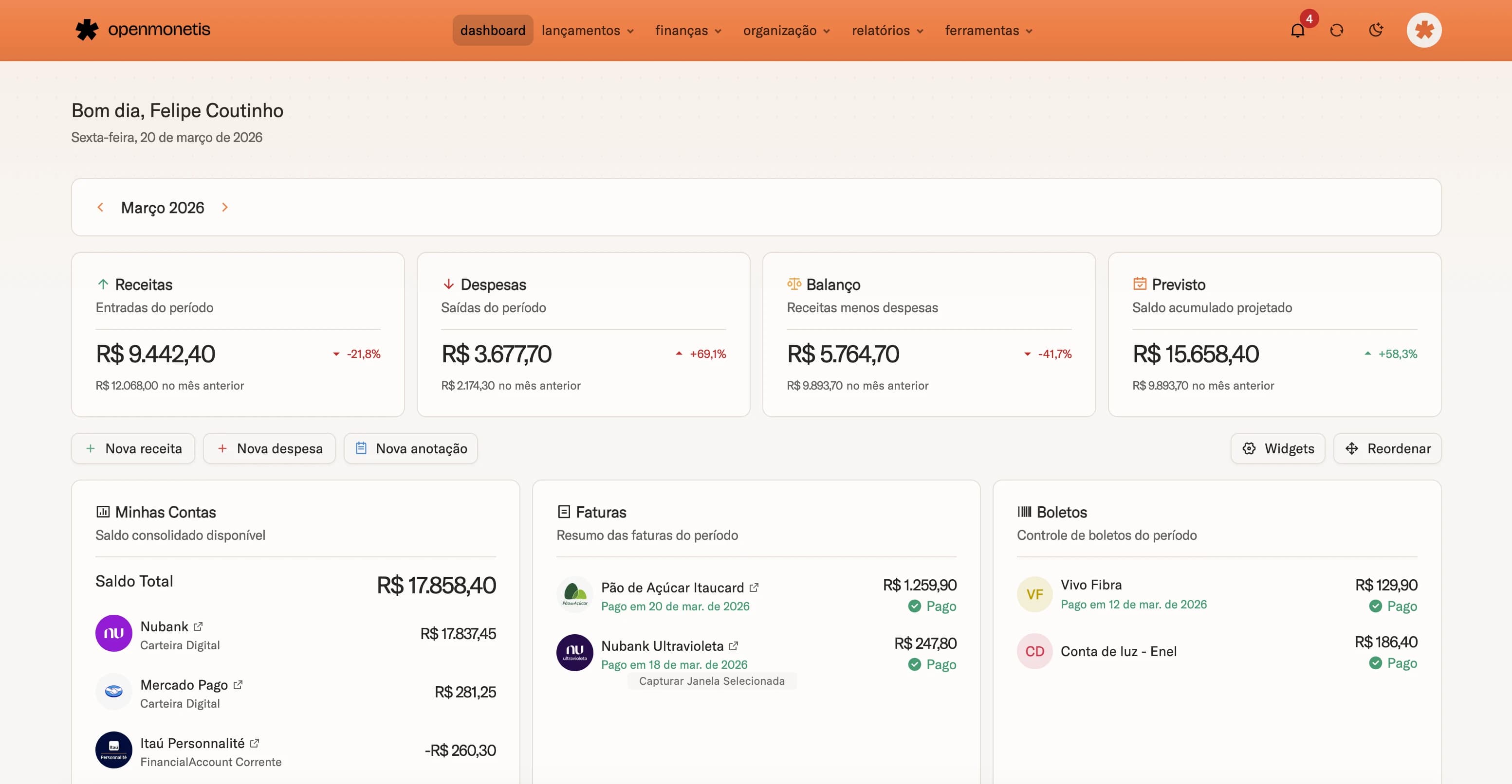openmonetis Dashboard Preview